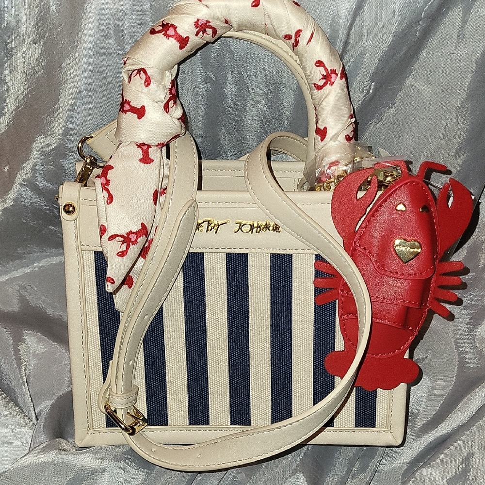 Betsey Johnson Cream & Navy Striped Top-Handle Bag with Red Lobster Charm Bnwt